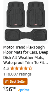 Motor Trend FlexTough Floor Mats for Cars, Deep Dish All-Weather Mats, Waterproof Trim-To Fit Automotive Floor Mats for Cars Trucks SUV, Universal Floor Liner Car Accessories, Black, Full Set