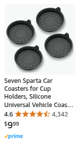 Seven Sparta Car Coasters for Cup Holders, Silicone Universal Vehicle Coasters, Set of 4 Pack, 3-1/8" Diameter (Black)