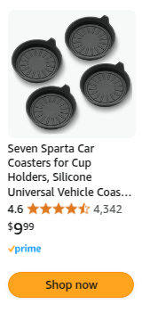 Seven Sparta Car Coasters for Cup Holders, Silicone Universal Vehicle Coasters, Set of 4 Pack, 3-1/8" Diameter (Black)